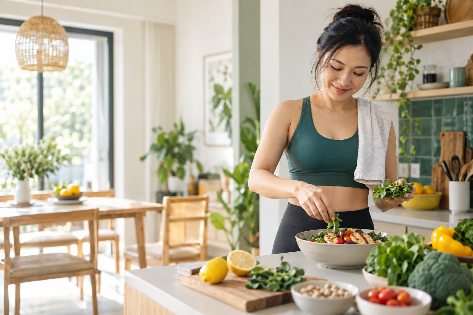 Phụ nữ chuẩn bị một bữa ăn cân bằng sau vận động